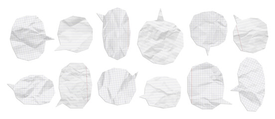 Vector notebook paper cut speech bubbles with a wrinkled texture and shadow. Realistic crumpled paper mockup. Torn edges. Notebook page design template. 