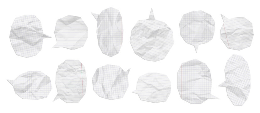 Vector notebook paper cut speech bubbles with a wrinkled texture and shadow. Realistic crumpled paper mockup. Torn edges. Notebook page design template. 