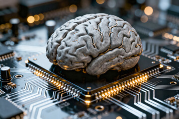 A 3D Rendering of a Human Brain Integrated with a Microchip, Symbolizing the Convergence of Cognitive Computing, Neural Networks, and Technological Innovation in the Future of AI