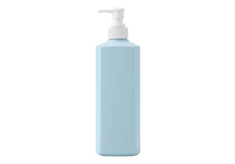 Light blue square pump bottle isolated, liquid container for cosmetics or soap on transparent background