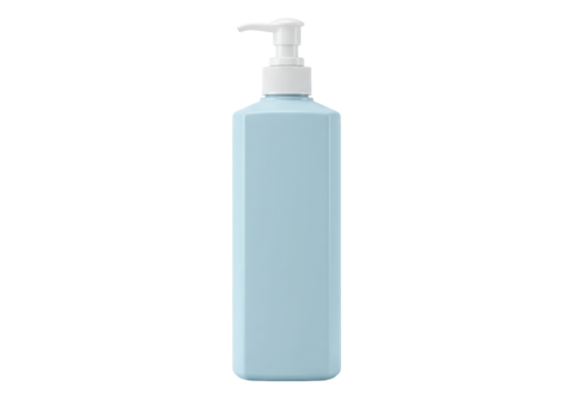 Light blue square pump bottle isolated, liquid container for cosmetics or soap on transparent background