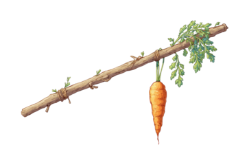 A vibrant carrot hangs from a wooden stick adorned with leaves and subtle vines