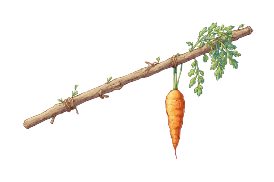 A vibrant carrot hangs from a wooden stick adorned with leaves and subtle vines - Powered by Adobe