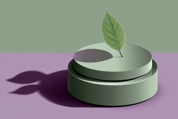 A leaf on a stack of green cylinders with a shadow, set against a purple and green background
