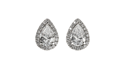 Two pear-shaped diamond earrings with a halo setting, isolated on a black background