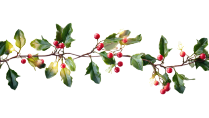 An isolated sprig displays vibrant green leaves and small red berries against a black background