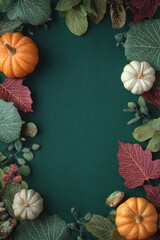 Obraz premium Autumn harvest pumpkins and leaves framing green background