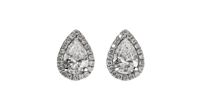 Two pear-shaped diamond earrings with a halo setting, isolated on a black background