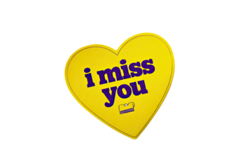 A golden yellow heart-shaped design with purple text reading "i miss you", isolated on black