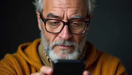 Elderly man with grey beard wears glasses and orange sweater. He is focused intently on his mobile phone screen. Serious expression, deep in thought using digital device.