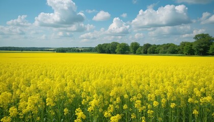 Obraz premium Wide yellow rapeseed field stretches under bright blue sky with white clouds. Green trees border distant horizon. Agricultural crop provides canola flowers for oil, biofuel production. Represents