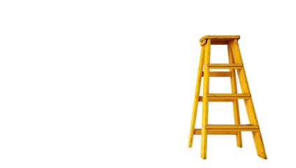 An isolated, bright yellow wooden step ladder against a stark, black background