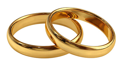 Two intertwined gold wedding rings, showcasing a glossy finish on a transparent background