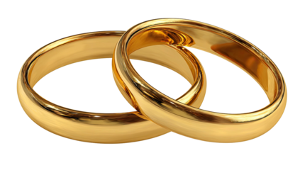 Two intertwined gold wedding rings, showcasing a glossy finish on a transparent background