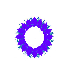 Circular wreath of vibrant purple flowers with delicate green leaves and falling snowflakes