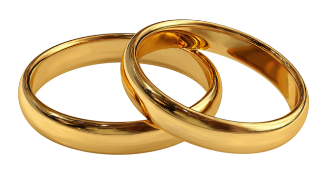 Two intertwined gold wedding rings, showcasing a glossy finish on a transparent background - Powered by Adobe
