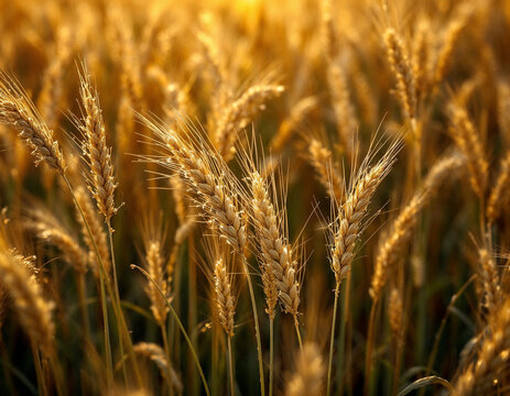 Golden wheat field glows under the warm sunlight, perfect for harvest season designs and agricultural projects celebrating nature's bounty