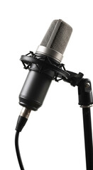 Professional studio microphone on a stand against a white background