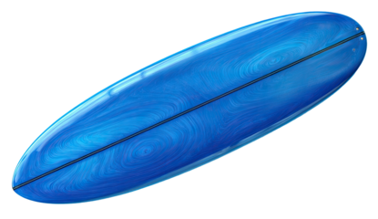 A glossy, oval-shaped surfboard with a textured, blue surface against a black background