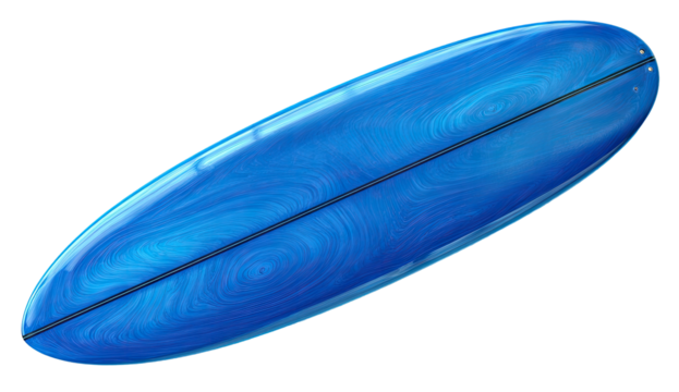 A glossy, oval-shaped surfboard with a textured, blue surface against a black background