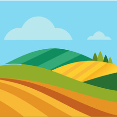 Rolling farmland with striped fields under a blue sky with clouds