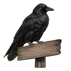 Fototapeta premium Raven perched on wooden signpost isolated on transparent background
