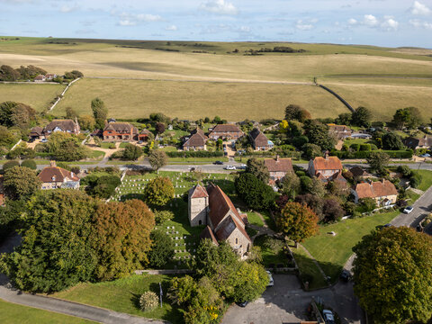 Aerial view of St Simon and St Judes Church, East Dean, East Sussex, England