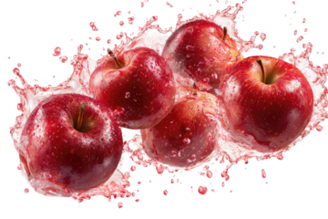 Five ripe red apples in a splash of pink liquid, suggesting juice or water