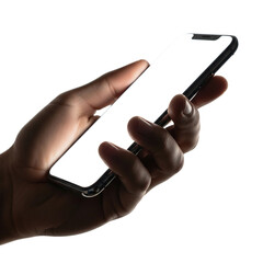 Close up of a hand holding a modern smartphone against a white background