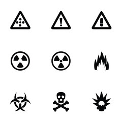 Collection of black hazard warning symbols on white background danger sign