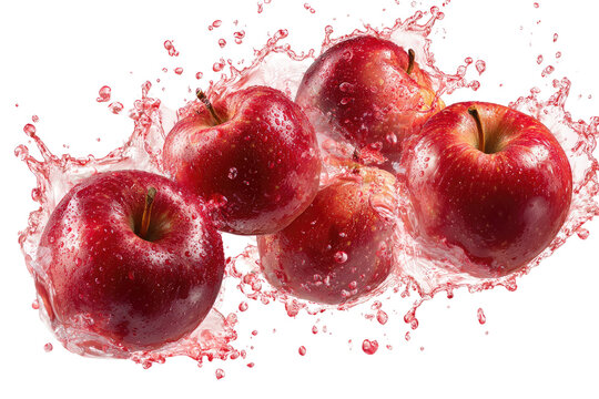 Five ripe red apples in a splash of pink liquid, suggesting juice or water - Powered by Adobe