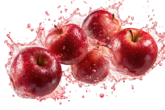 Five ripe red apples in a splash of pink liquid, suggesting juice or water