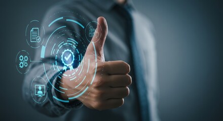 Thumbs up with futuristic digital interface and icons
