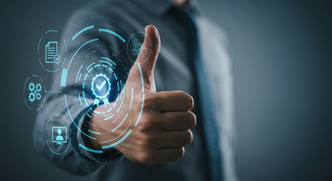 Thumbs up with futuristic digital interface and icons - Powered by Adobe