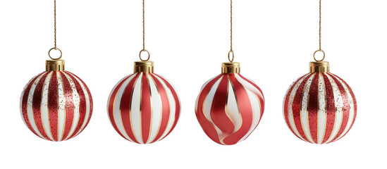 Four striped ornaments, red and white, hanging against a black background, perfect for the holidays