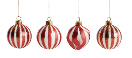 Four striped ornaments, red and white, hanging against a black background, perfect for the holidays