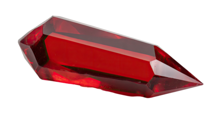 A faceted, elongated, gem-like object with a deep red hue, resting against a black background