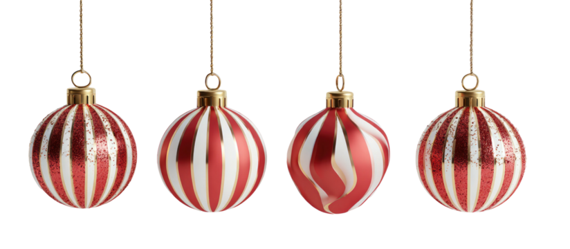 Four striped ornaments, red and white, hanging against a black background, perfect for the holidays