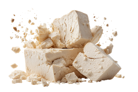 A closeup of several off-white, rectangular food blocks and crumbs against a black backdrop