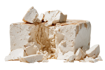 A close-up of a large rectangular block of crumbled substance, with a light tan color