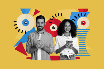 3d pop zine sketch artwork collage of happy girl guy hold phone eyeball stare cyberattack hacking...