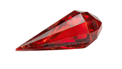 A single, teardrop-shaped, deep-red gemstone isolated against a stark black background