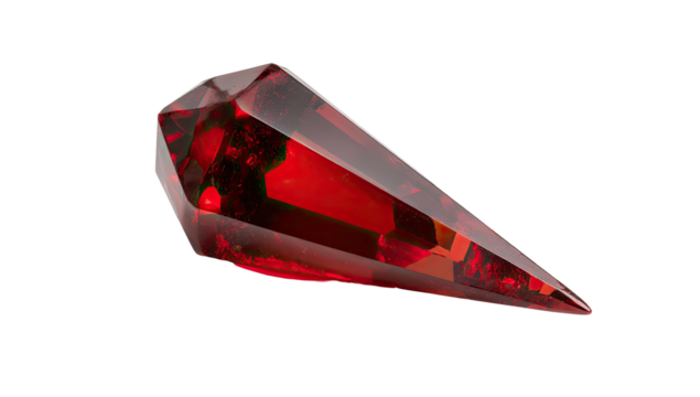 Highly faceted, deep red gemstone with a pointed end, set against a stark black background - Powered by Adobe
