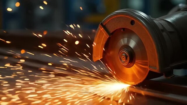 Metalworking process with a circular saw creating sparks in an industrial setting