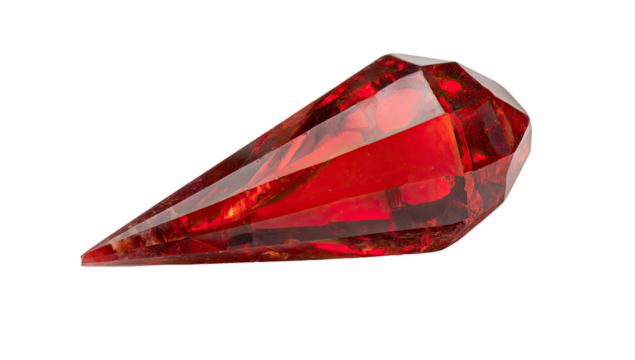 A single, teardrop-shaped, deep-red gemstone isolated against a stark black background