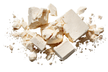 Cubed and crumbled light-colored food pieces on a black background, top-down view