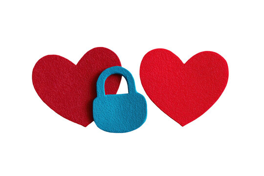 Two red heart shapes flanking a blue padlock against a solid black background - Powered by Adobe