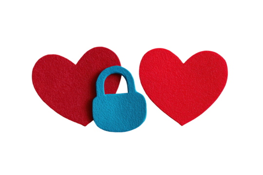Two red heart shapes flanking a blue padlock against a solid black background