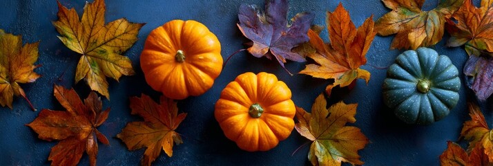 Fototapeta premium Pumpkins and fall leaves creating seasonal autumn composition