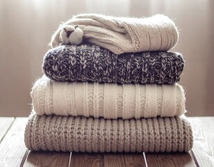 Stack of Neutral Knitted Sweaters on Wooden Surface with Natural Light